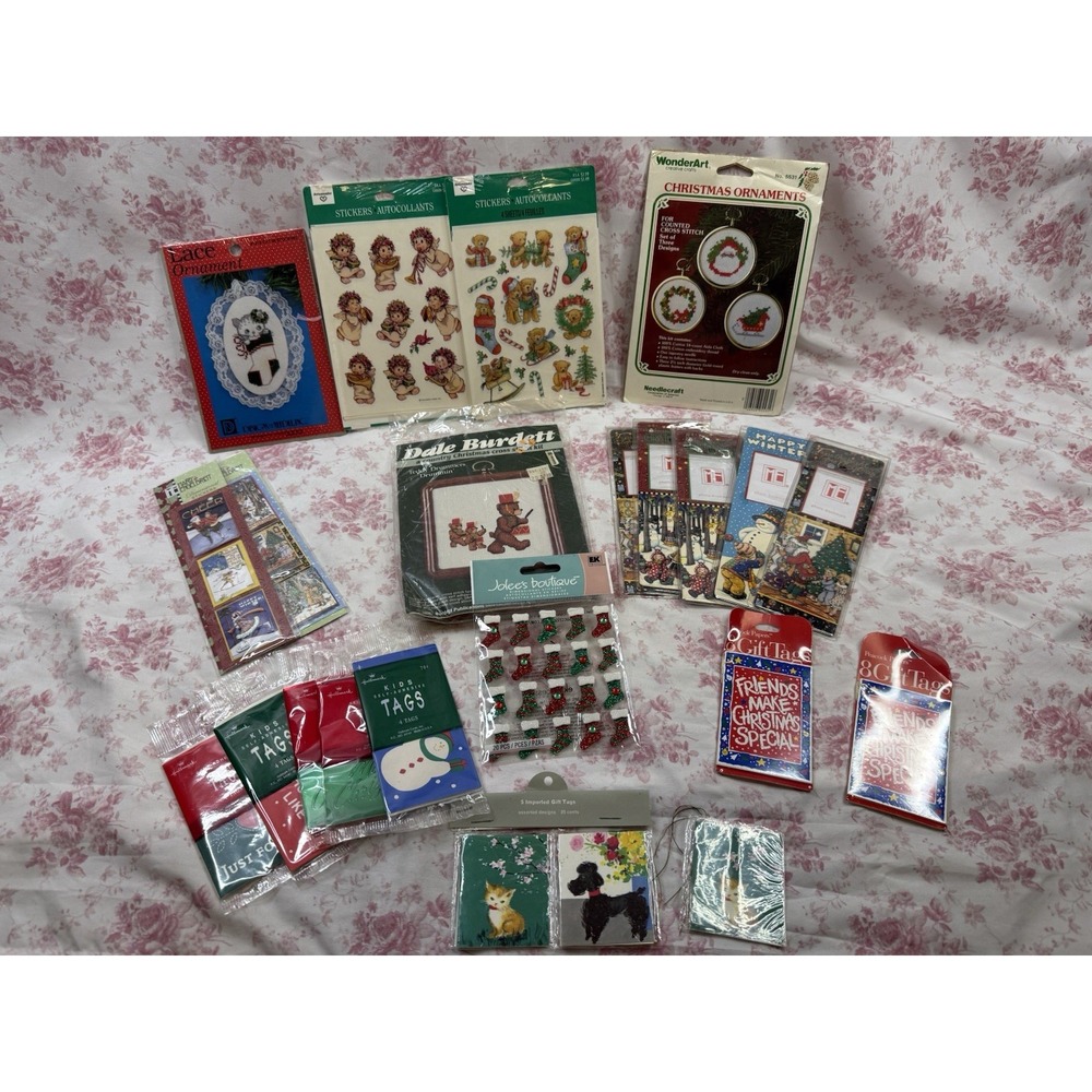 Vintage Christmas Craft Lot Stickers Gift Tags Bookmarks Cross Stitch Kit